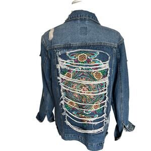 Boom Boom Jean Jacket Size Large Blue Denim Distressed Floral Embroidery Boho